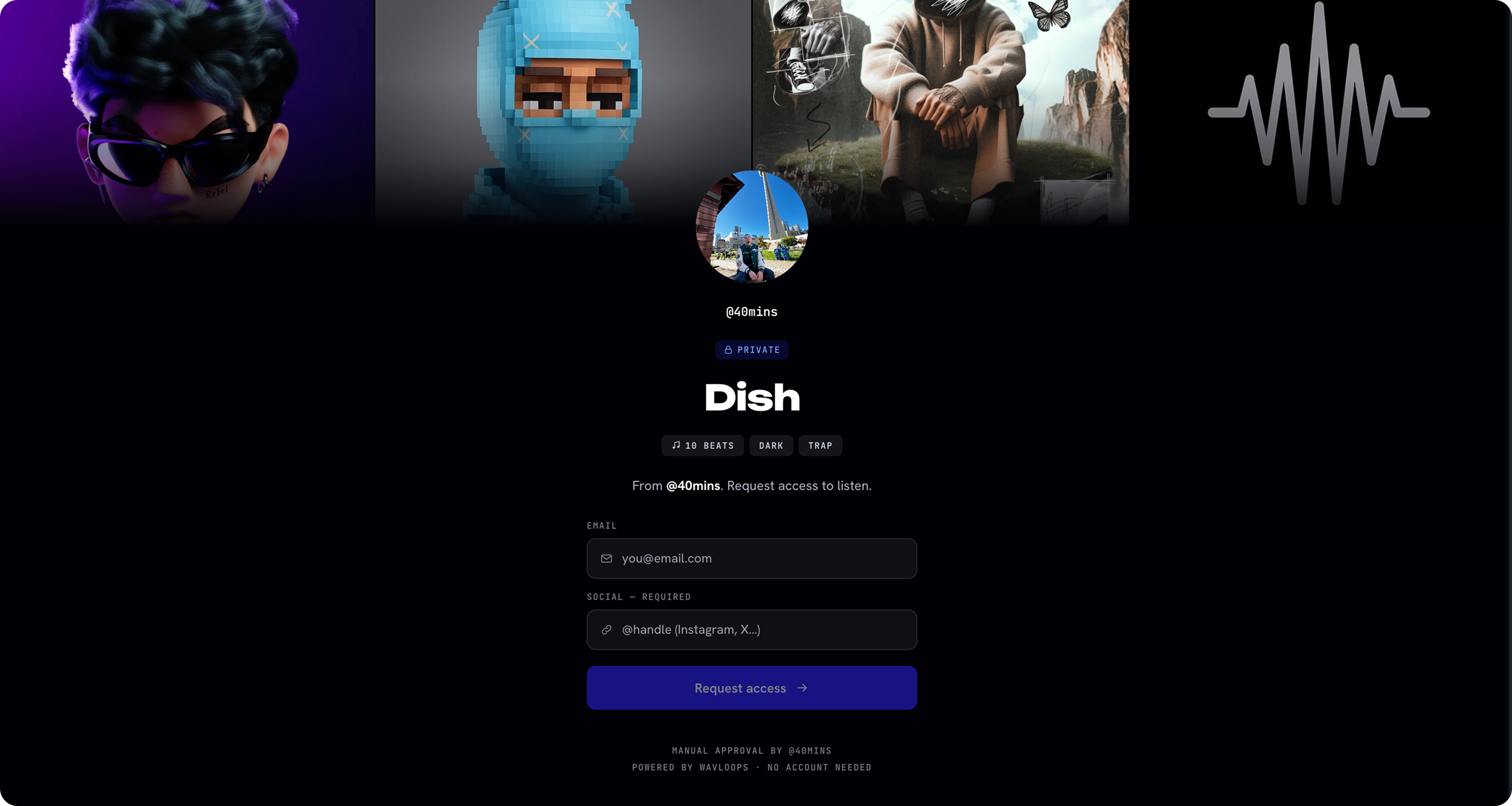 Wavloops — artist insight card showing plays, likes, beats heard, servers and top fans.